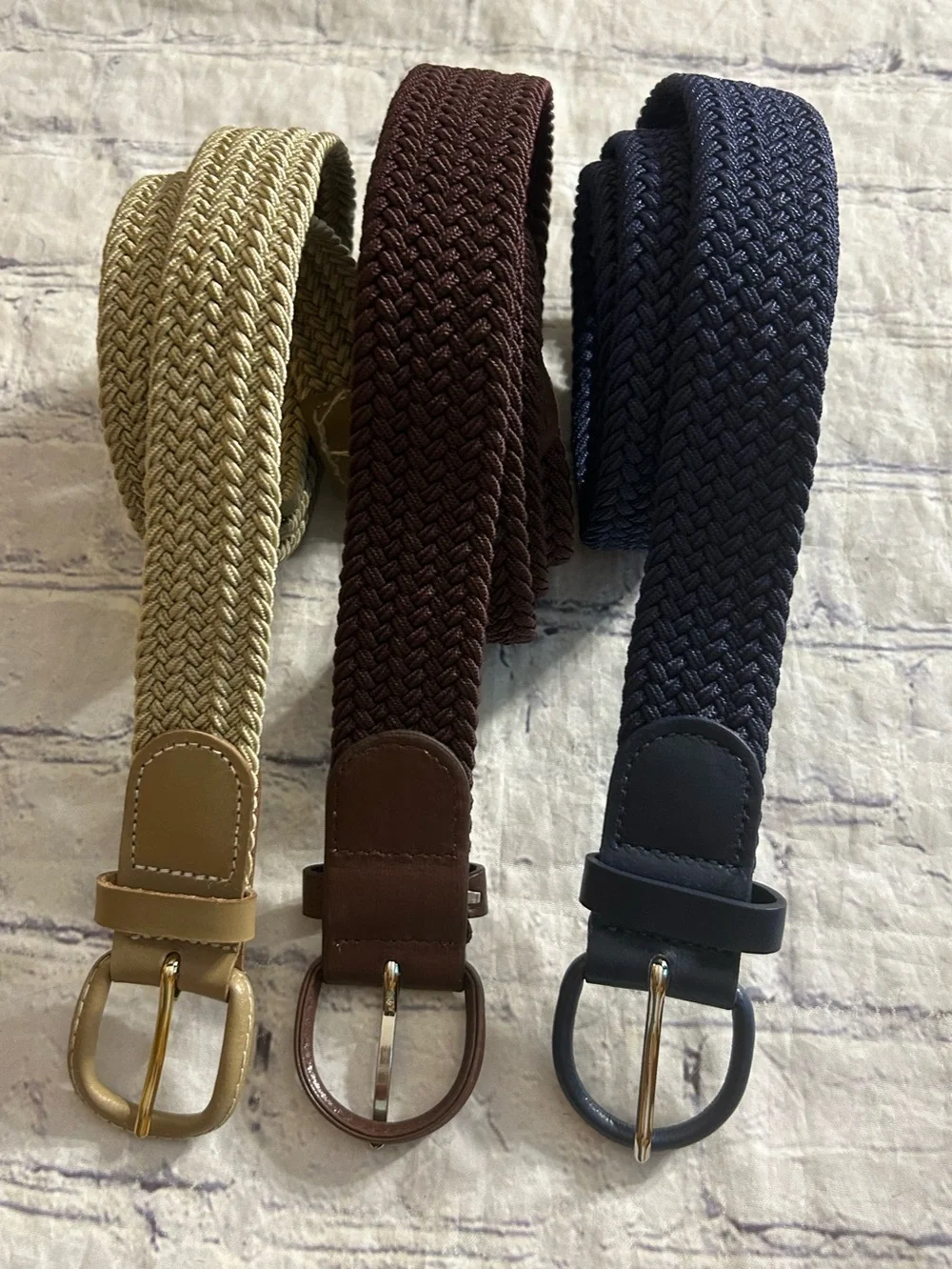 LOT OF (3) VINTAGE MENS STRETCH BELTS NAVY/BROWN/TAN COVERED BUCKLES SIZE LARGE